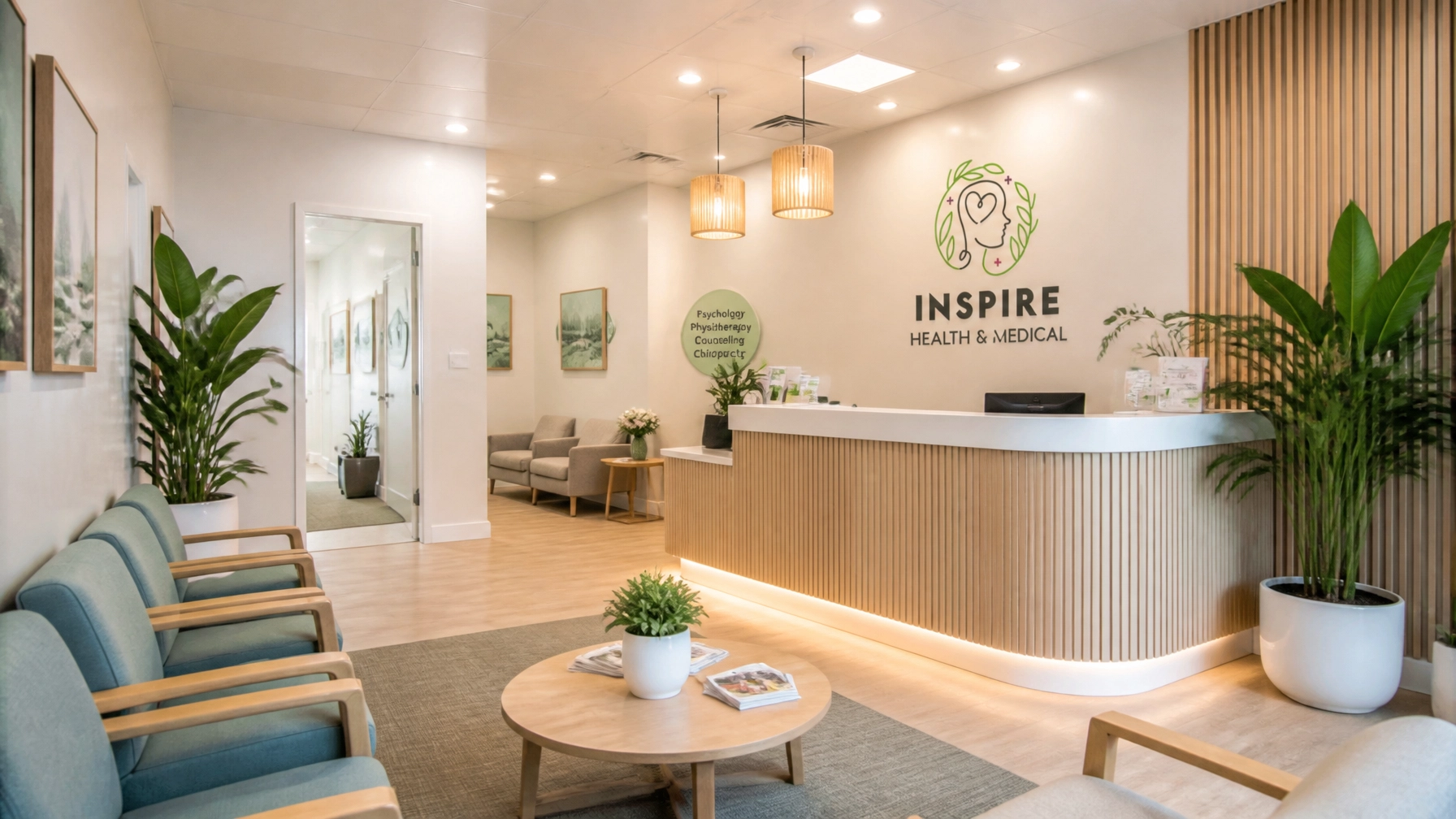 InspireHM— Bright, modern medical clinic reception area with wooden accents, green plants, light blue chairs, a round coffee table with magazines, and a reception desk displaying the "Inspire Health & Medical" logo on the wall.