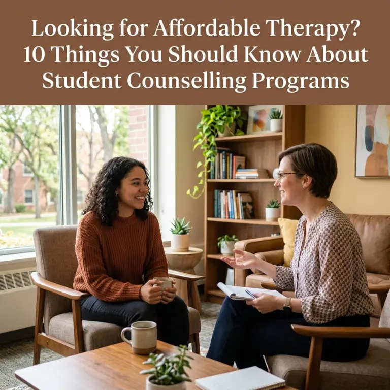 InspireHM— Two women sit across from each other in a cozy, well-lit office, engaged in conversation. Text above reads: "Looking for Affordable Therapy? 10 Things You Should Know About Student Counselling Programs.