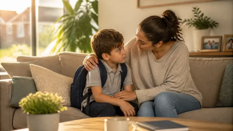InspireHM— A woman sits on a couch with her arm around a young boy wearing a backpack. They are making eye contact and appear to be having a caring, supportive conversation in a cozy living room.