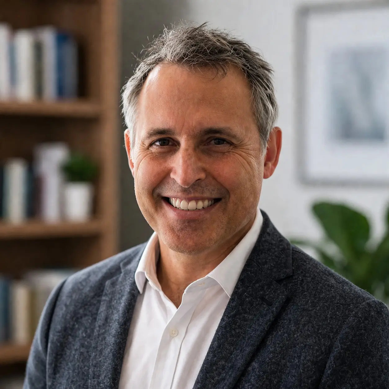 InspireHM— A middle-aged man with gray hair smiles, wearing a white shirt and dark blazer. He is standing indoors in front of a blurred bookshelf and plant.