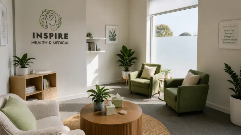 InspireHM— A bright, modern waiting room with green armchairs, potted plants, a wooden coffee table, bookshelves, and wall art. Large windows let in natural light. A sign reads “Inspire Health & Medical.”.