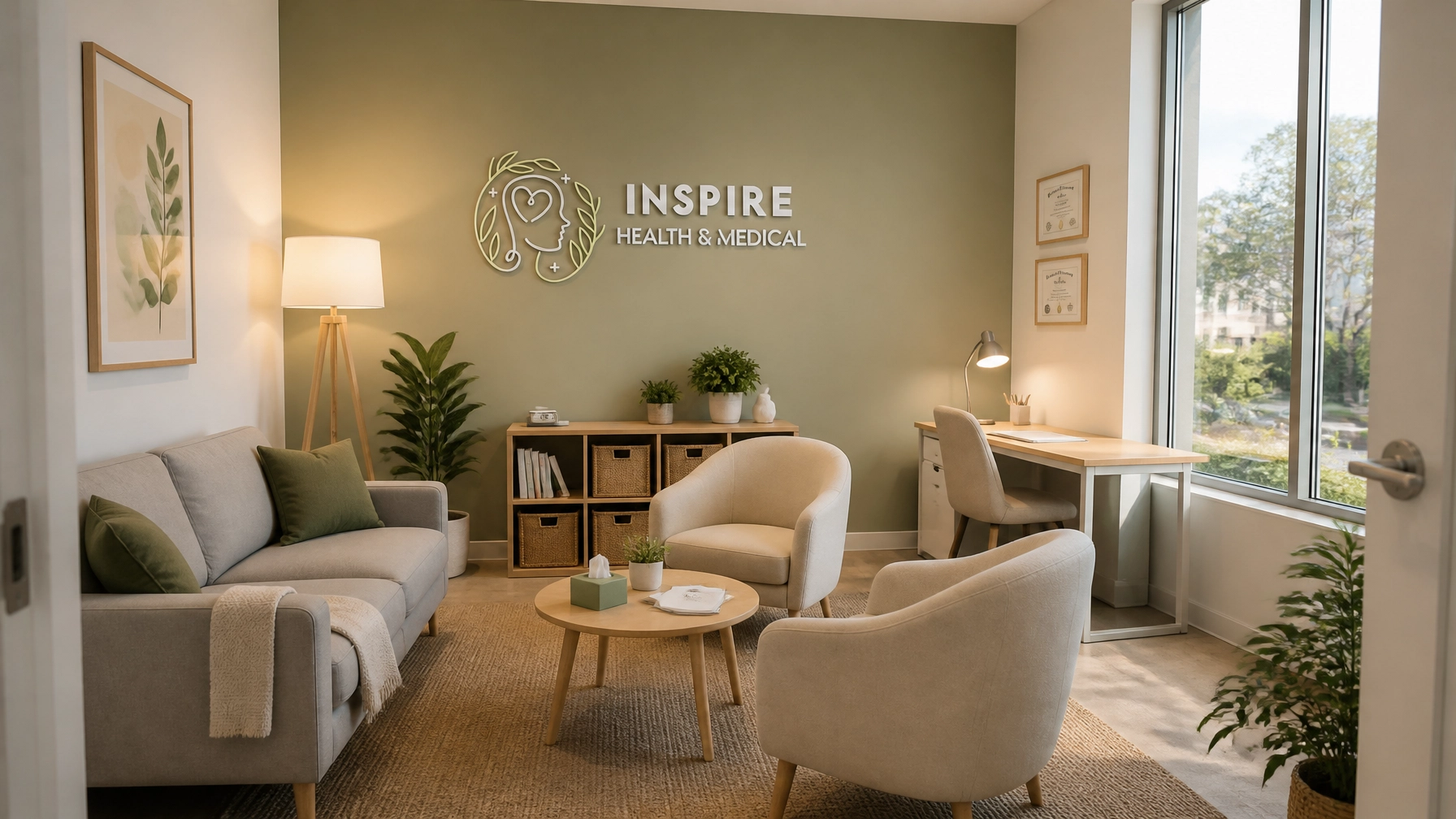 InspireHM— A modern, cozy medical office with comfy chairs, a sofa, indoor plants, a wooden coffee table, a desk by a window, and "Inspire Health & Medical" logo on a green accent wall. Sunlight streams in through large windows.