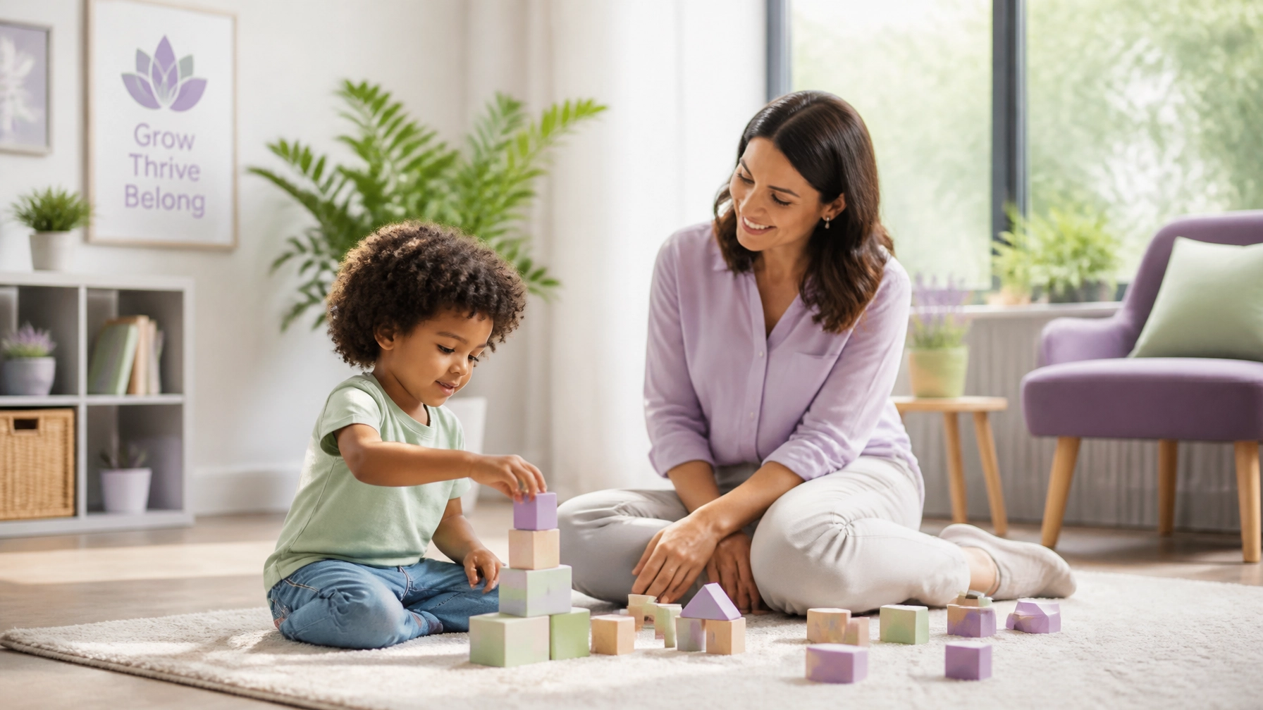 InspireHM— A young child and a woman sit on a carpeted floor, smiling and building towers with pastel-colored wooden blocks. The room is bright with natural light, potted plants, and light-colored furniture. A sign on the wall reads "Grow Thrive Belong" next to a lotus flower graphic.