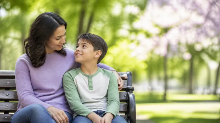 InspireHM— A woman and a young boy sit close together on a park bench, smiling at each other. The woman has her arm around the boy. The background is filled with green trees and soft, natural light, suggesting a peaceful, sunny day in the park.
