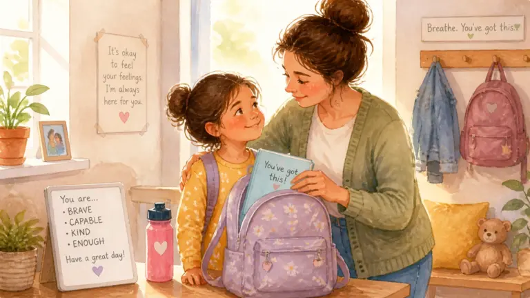 InspireHM— A mother and daughter stand in a sunlit room. The mother smiles, placing a book labeled “You’ve got this!” into the daughter’s lavender backpack. Positive affirmations decorate the room, including a sign that reads, “You are... brave, capable, kind, enough.” A water bottle, teddy bear, and coat hang inside.