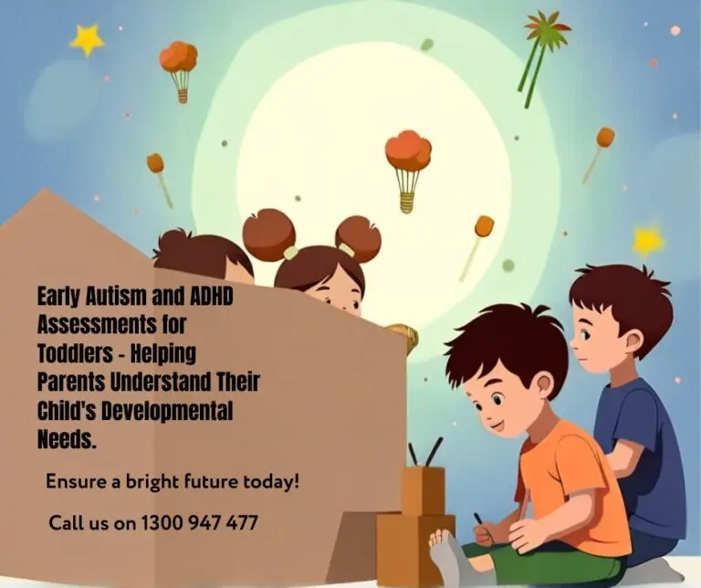 InspireHM— Three children play with cardboard and wooden blocks while hot air balloons float in the background. Text on the image promotes early autism and ADHD assessments for toddlers, offering help for parents to understand their child’s developmental needs. Contact information and a phone number are provided for support.