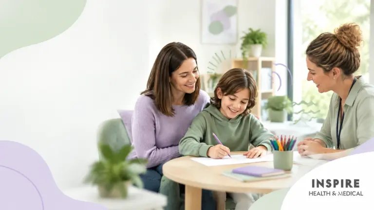 InspireHM— A child writes on paper at a round table, smiling, with an adult woman beside them and a healthcare professional across from them. The setting is bright, with plants and a modern interior. The logo “INSPIRE Health & Medical” appears in the bottom right corner.