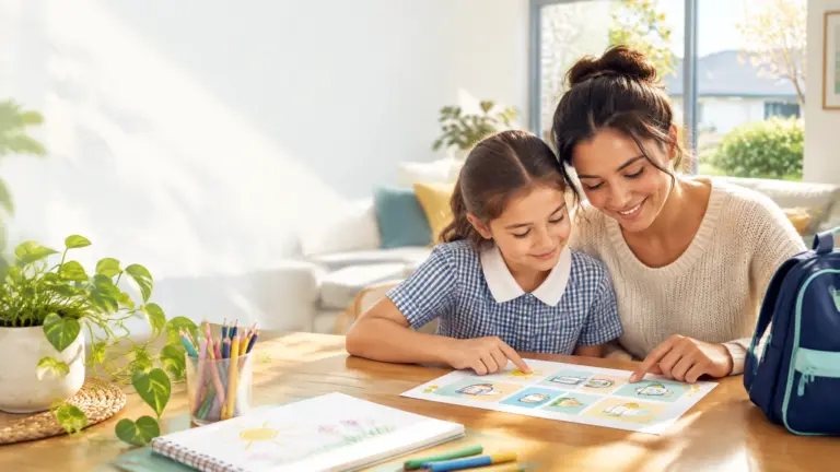 InspireHM— A woman and a young girl sit at a wooden table, smiling and looking at colorful drawings or schoolwork together. The girl is wearing a blue checkered school uniform, and a backpack sits nearby. The room is bright and cozy, with houseplants, sunlight streaming through the window, and art supplies on the table.