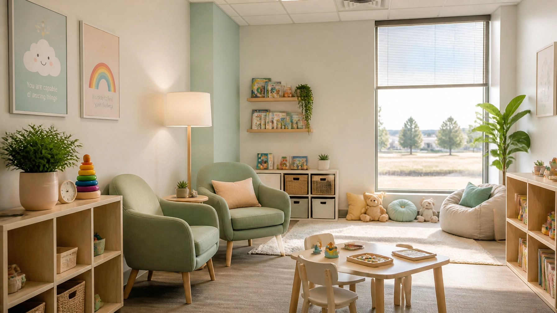 InspireHM— A bright, cozy children’s playroom with pastel green chairs, a small table and chairs, wooden shelves filled with toys and books, bean bags, plush toys, potted plants, and cheerful wall art with clouds and rainbows. Large window lets in sunlight.