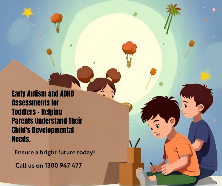 InspireHM— Three children play with building blocks while paper lanterns float in the sky. Text offers early autism and ADHD assessments for toddlers, encouraging parents to call for support in understanding developmental needs. The scene is friendly and inviting, suggesting a positive environment for child development.